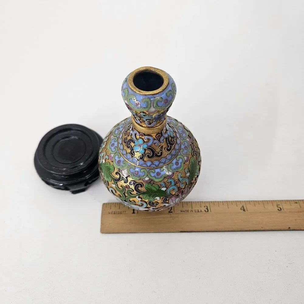 Vintage Chinese Cloisonne Enamel Floral Vase Miniature w/ Stand 20C
